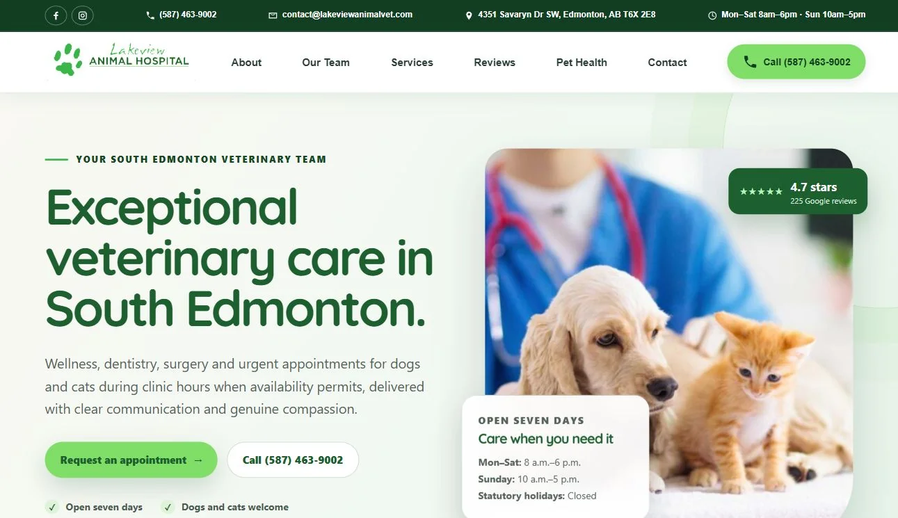 Lakeview Animal Hospital’s completed website with clinic information and appointment access