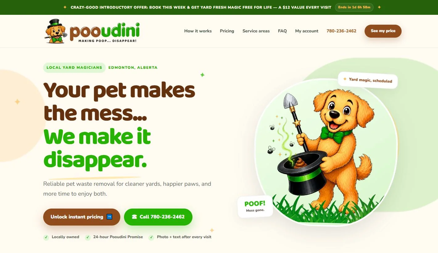 Pooudini’s live service website with its branded customer experience