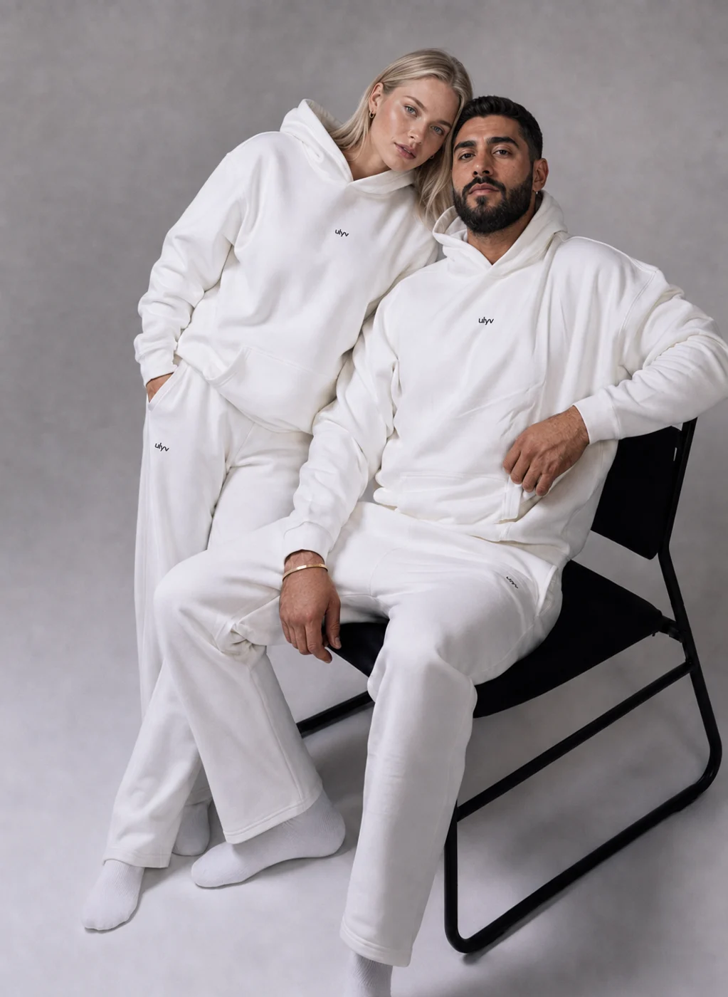 Models wearing Ulyv’s white collection from our brand photoshoot