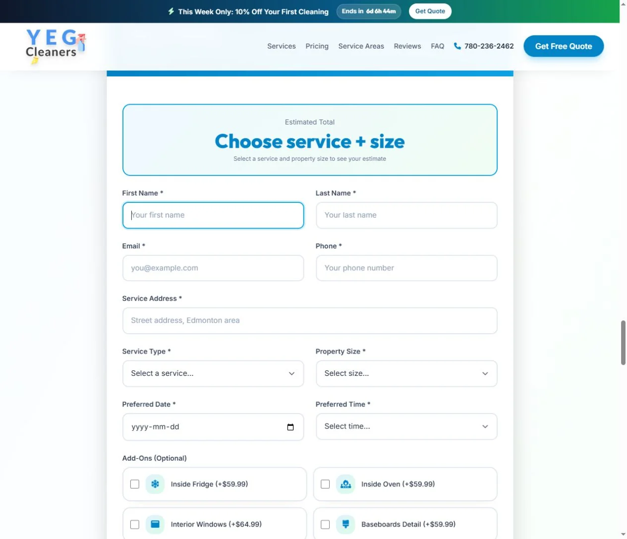 YEG Edmonton Cleaners’ custom booking form showing service and date selection