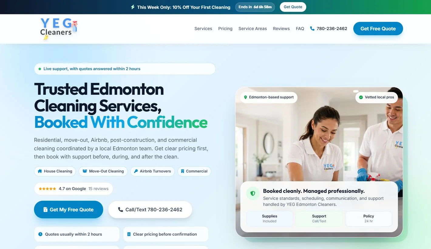 YEG Edmonton Cleaners’ live website and its cleaning-service booking entry point